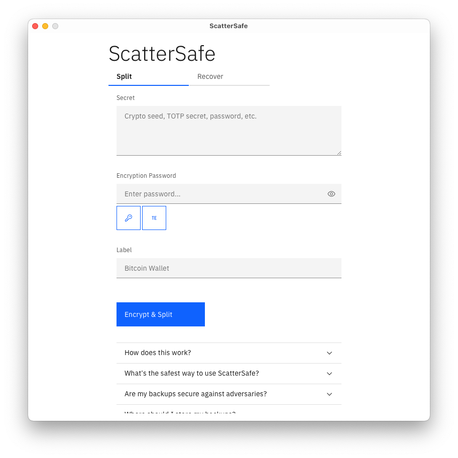 ScatterSafe Secret Split Tab Screenshot